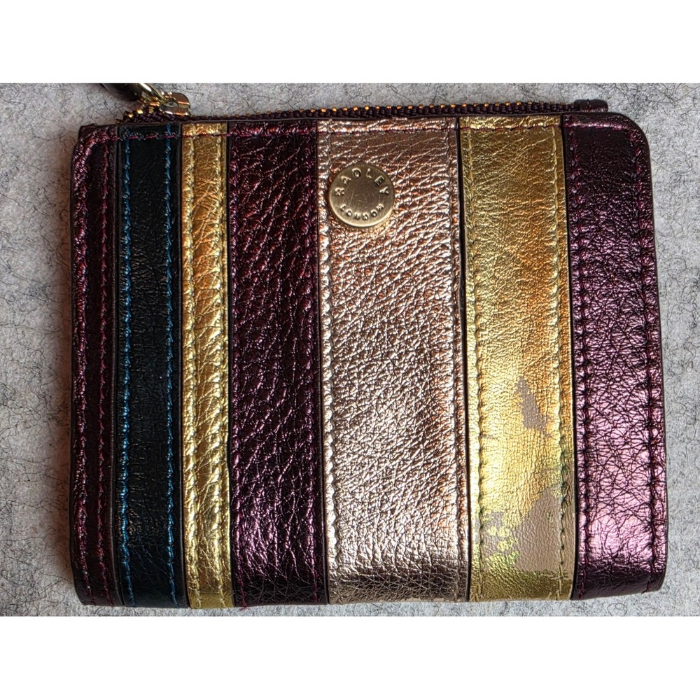 Radley London Metallic Leather Striped Bifold Wallet Burgundy Gold Multi Color